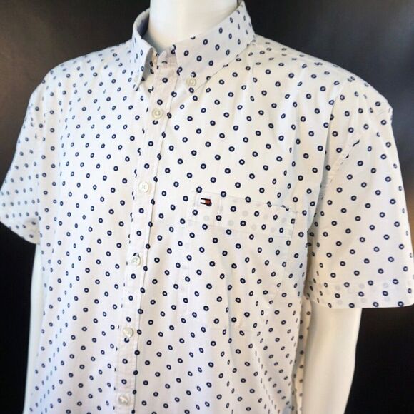 Tommy Hilfiger Mens XXL Shirt White Blue Abstract Print Slim Fit Short Sleeve - Picture 4 of 9